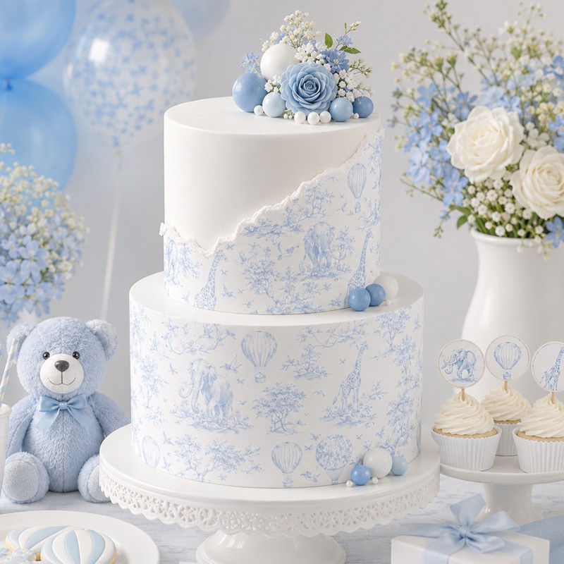 Chinoiserie Baby Shower Animal Print Blue Floral Edible Icing Cake Wrap Topper