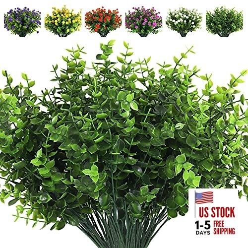 8 Bundles Artificial Artificial Grasses Fake Greenery Boxwood 8 Pcs Eucalyptus
