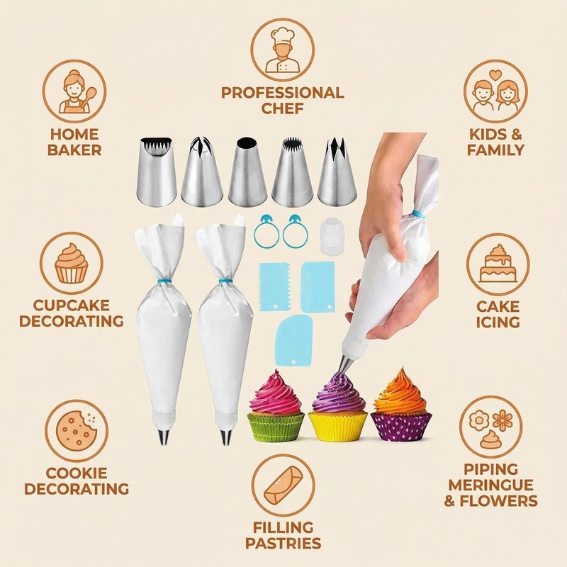 Baking & Pastry Tool Kit, 14 Nozzles & 6 Blue Scrapers, Reusable Bags & Ties,... gallery