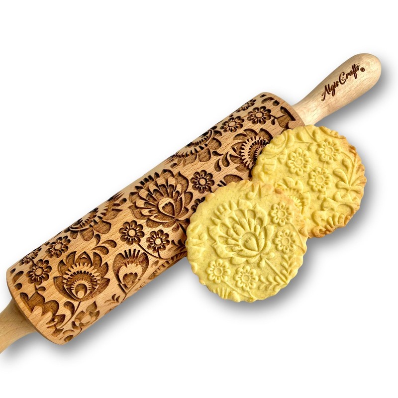 FOLK Embossed Rolling Pin. Wooden Embossing Pin With Folksy Beige