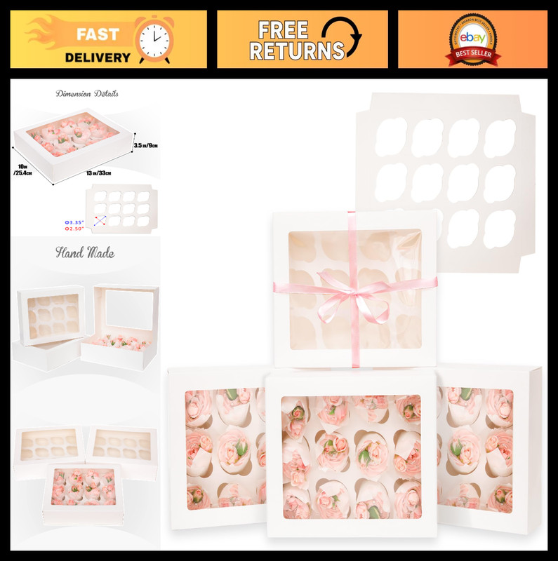 12 Cupcake Carrier Boxes with Window – Auto-Pop Up 6-Pack, 12 Cupcake Holders