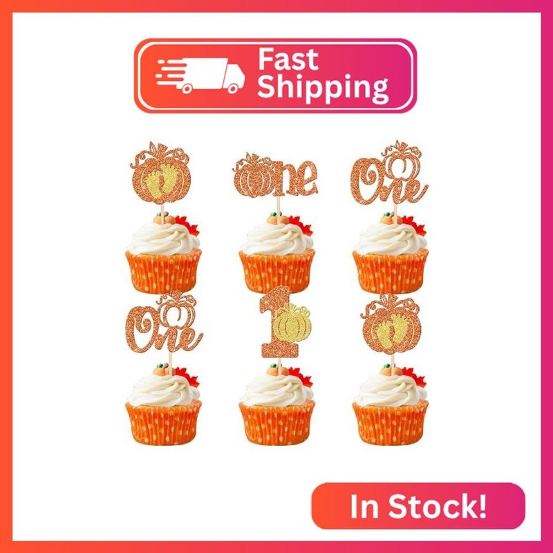 24 PCS Pumpkin One Cupcake Toppers Glitter Fall Theme Baby Feet Pumpkin Cupcake