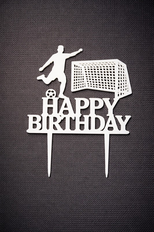 Soccer Birthday Cake Topper White Acrylic Sports Player Goal Design