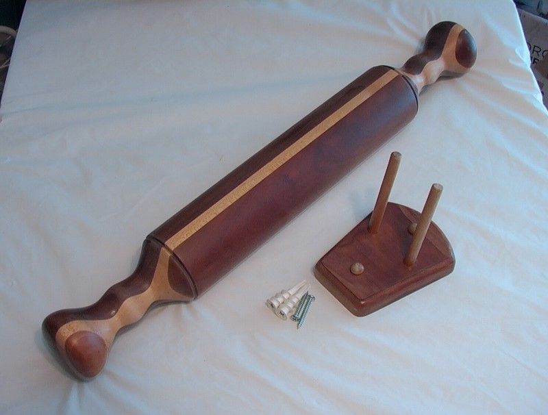 Vintage handmade 3 piece Composite Wooden Rolling Pin, 1987, wall mount included