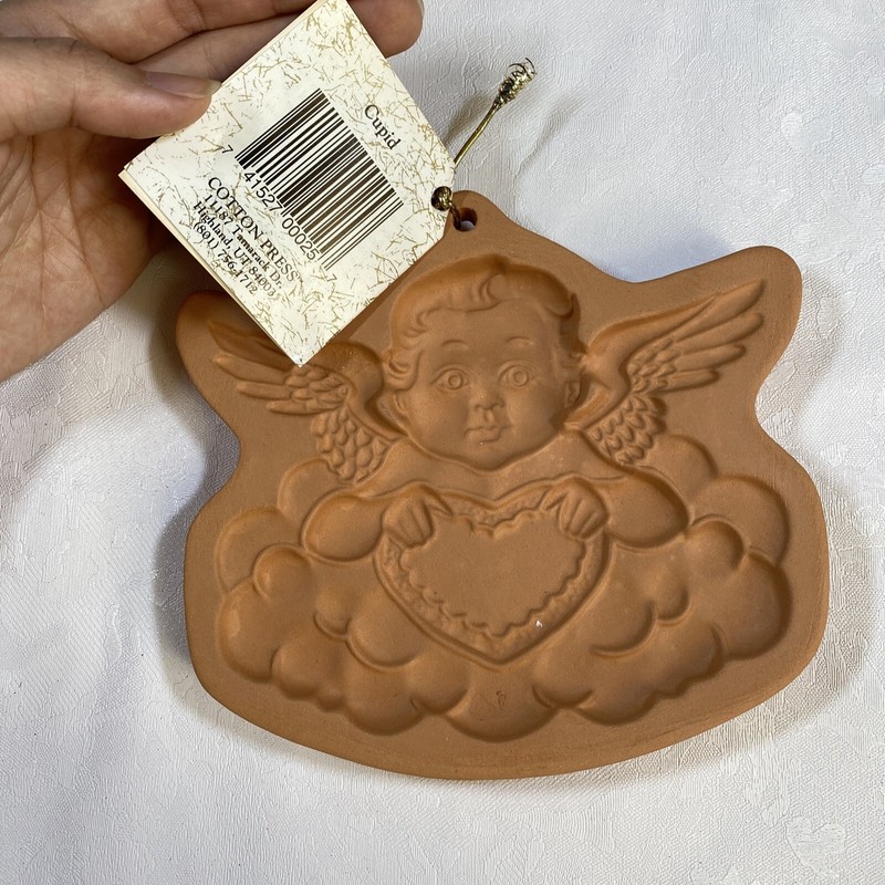 Set of 4 Vintage Cotton Press Cookie Molds w/ Labels - Heart Santa Angel Cupid gallery