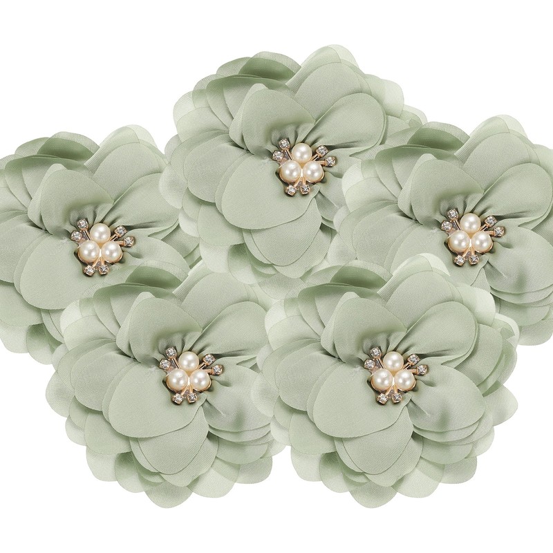 5Pcs 3.15 Inch Rhinestone Chiffon Flower Fabric Appliques Green