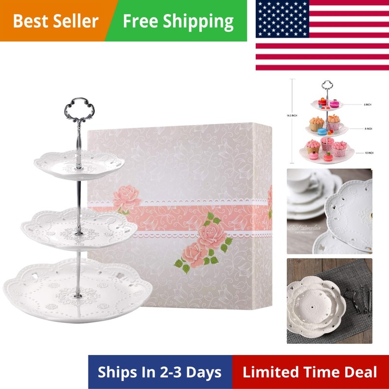3-Tier Porcelain Cupcake Stand Serving Tray – White Embossed Elegant Dessert …