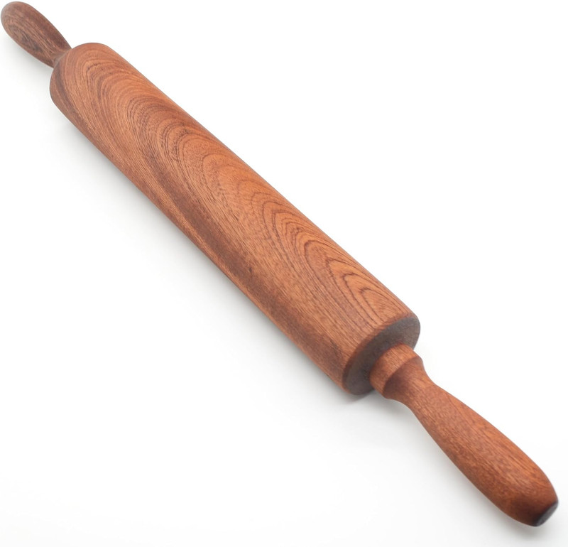 Classic Sapele Wooden Rolling Pin with Handles,Wood Baking Roller （17''L X 1.77"