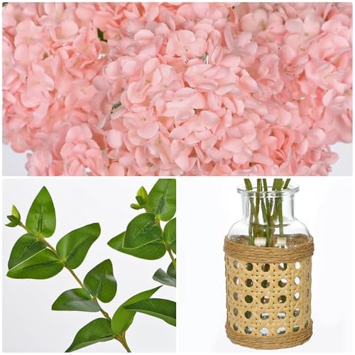 Pink Hydrangea Artificial Flowers in Woven Glass Vase with Pink-woven Vase gallery