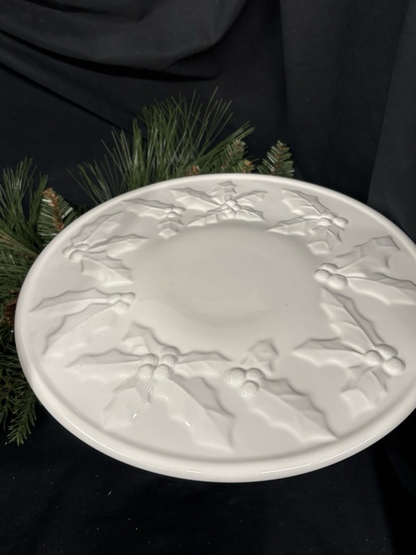 Vintage White 11" Ceramic Holly and Berries Pedestal Cake Stand gallery