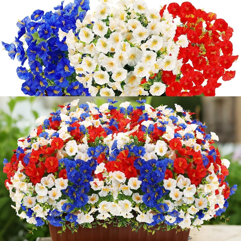 12 Pcs Red White Blue Artificial Flower Outdoor UV Resistant Petunias