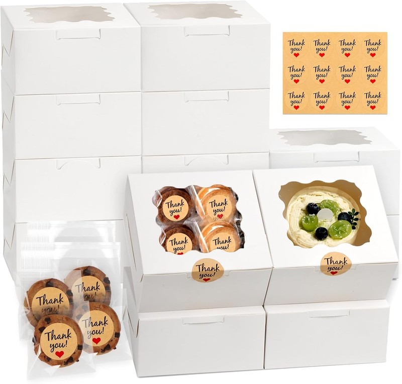12 Pcs Cookie Boxes W/ Window 6x6x3 Inches White Bakery Boxes Treat Boxes W/ 50