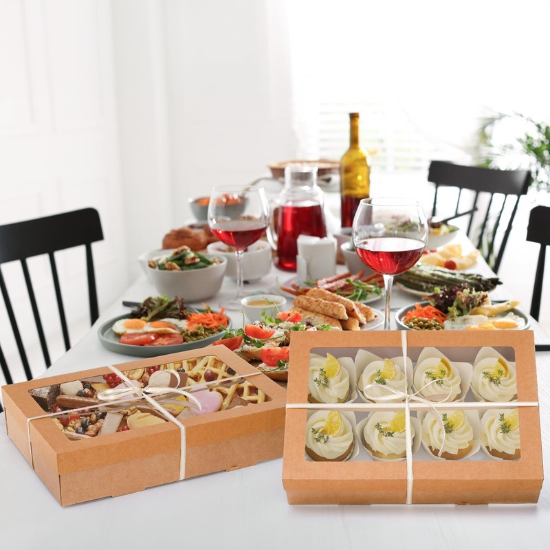 yarlung Set of 10 Kraft Bakery Box with Clear Window Lid 14"x10"x3"Foldable gallery