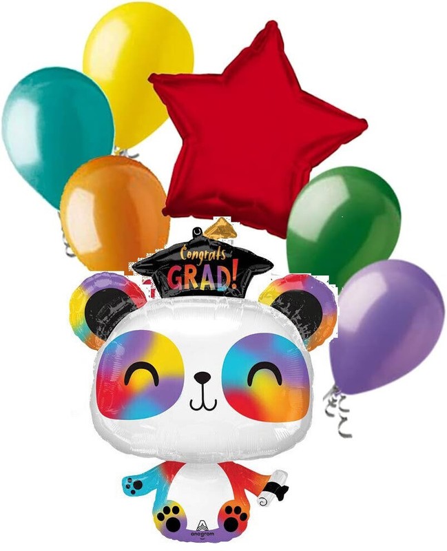 7 pc Rainbow Panda Grad Congratulations Balloon Bouquet Happy Graduation Congrat