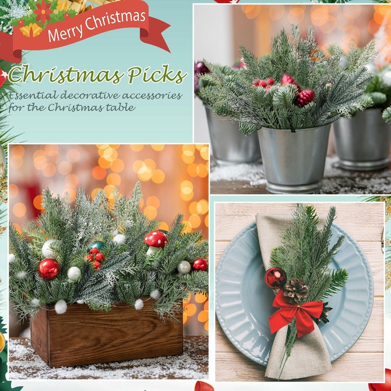 Lyrow 80 Pcs Christmas Artificial Pine 4 Styles Snowy Artificial Pine Branches gallery