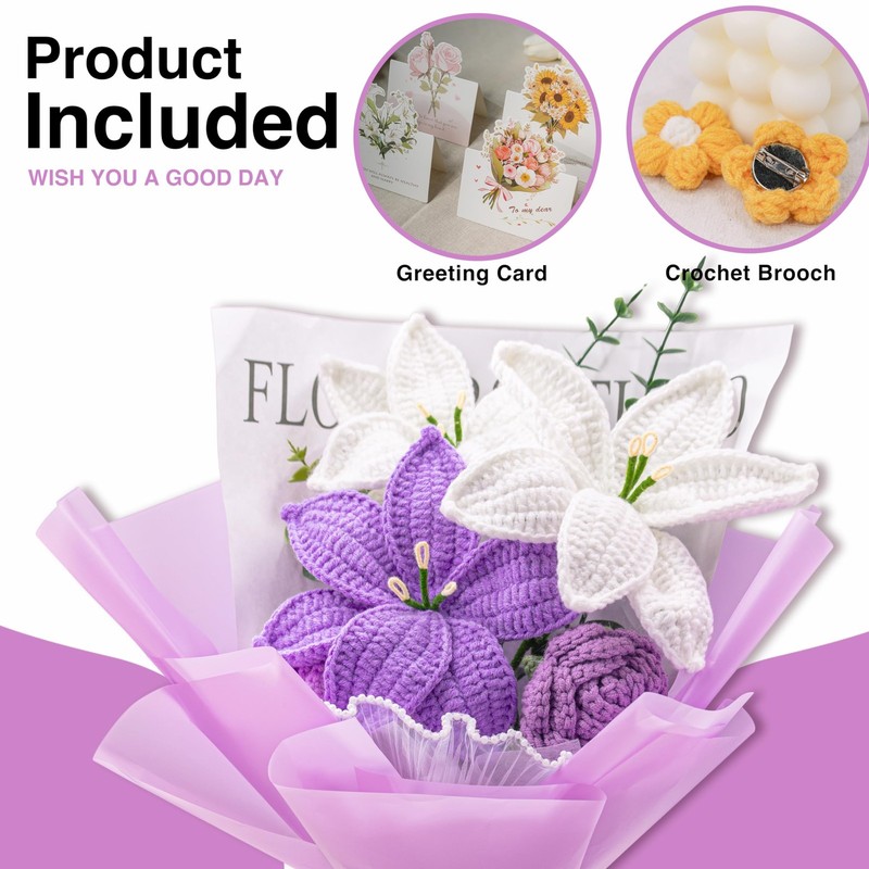 YSHomy Crochet Flowers, Crochet Flower Bouquet with Lily & Rose,Gifts for Birthd gallery