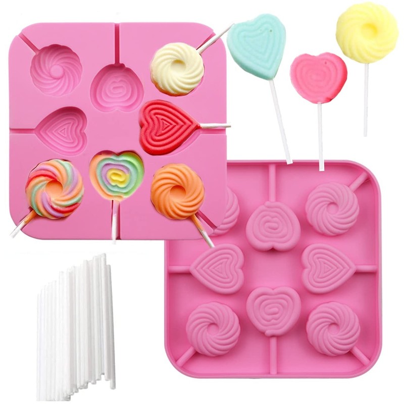 2 PCS 8Cavity Heart Silicone Lollipop Candy Molds 40 Sticks Chocolate Baking