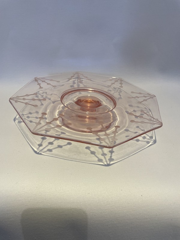 Vintage pale pink depression glass raised cake plate