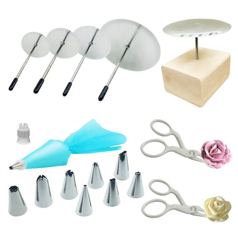 17 PCS Cake Decorating Supplies Tips Combo Flower Nail Lifter Wood Holder