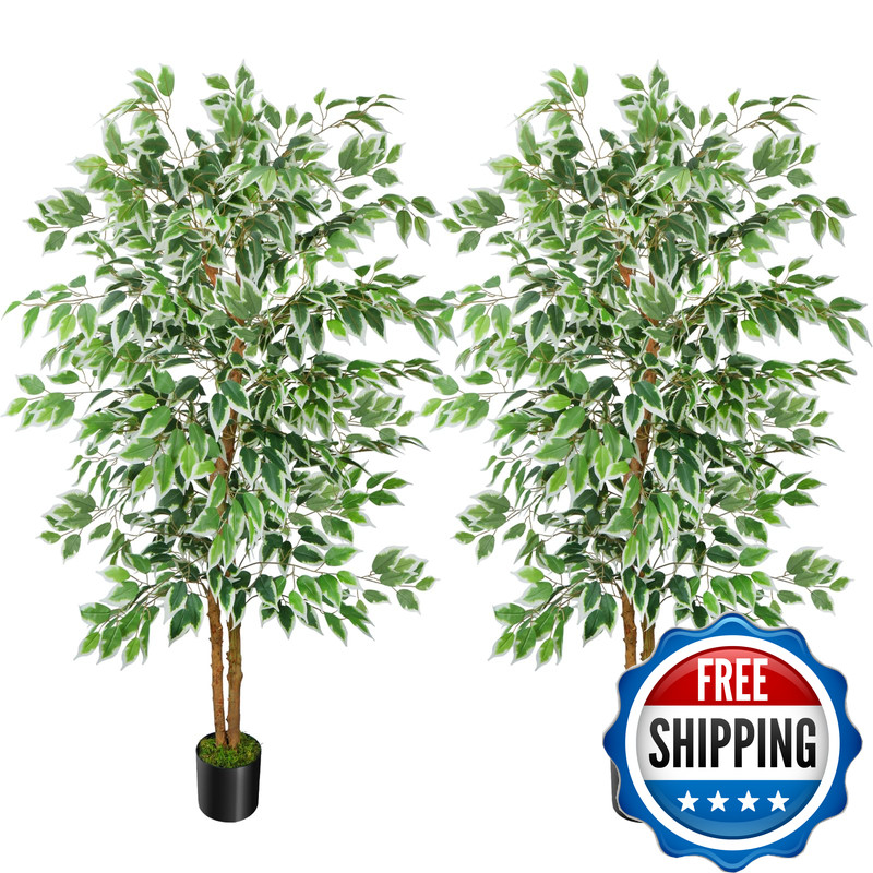 Gtidea 2 Pcs 5Ft Ficus Artificial Trees Tall Faux Trees Natural Trunk Fake Silk