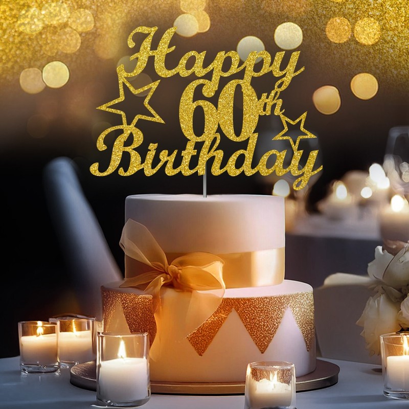 60th Birthday Cake Topper DOUBLE SIDE GOLD GLITTER 60th Party Decorations Favors gallery