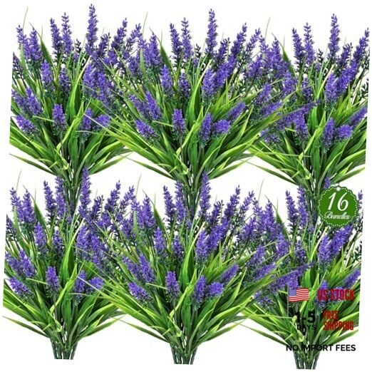 16 Bundles Artificial Plants Outdoor, UV Resistant Fake Lavender & 16PCS Purple