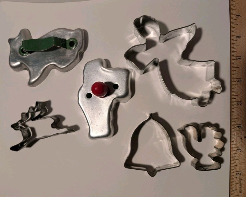 Vintage Aluminum Cookie Cutters Lot Santa Bell Turkey Angel Rabbit Bunny Xmas
