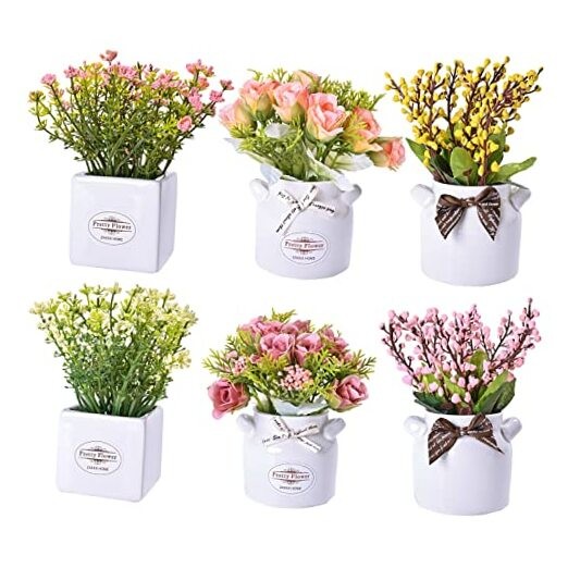 6Pcs Artificial Flowers with Ceramic 6pcs Artificial Potted Flower-ceramic Pot