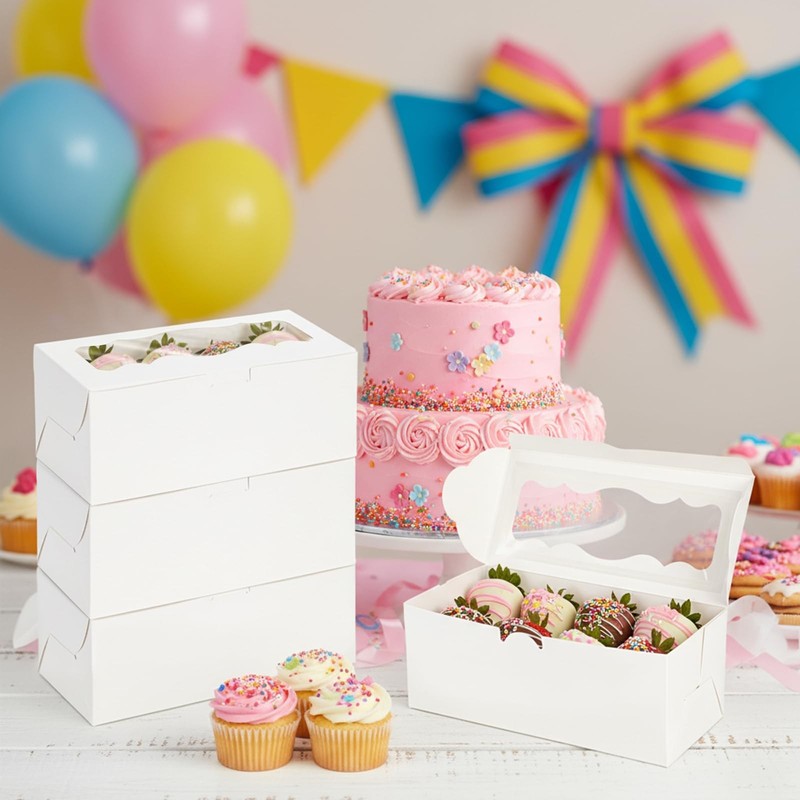 50 PCS White Bakery Boxes Window 9x4x3.5 Inch Dessert Pastry Swiss Rolls gallery