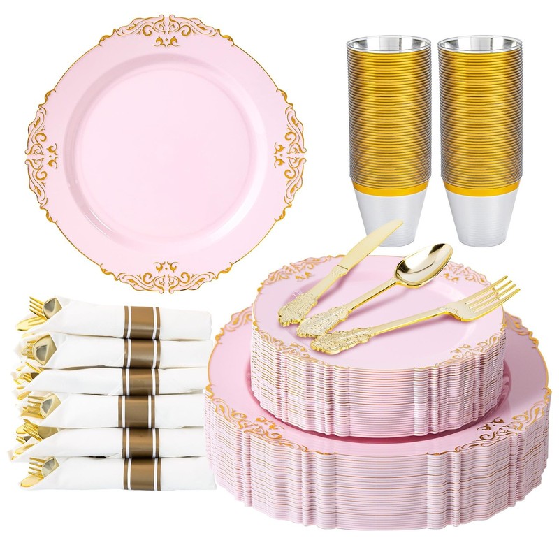 350pcs Gold Retro Dinnerware Sets Disposable, 50 Guests Heavy Duty Plastic Cu…