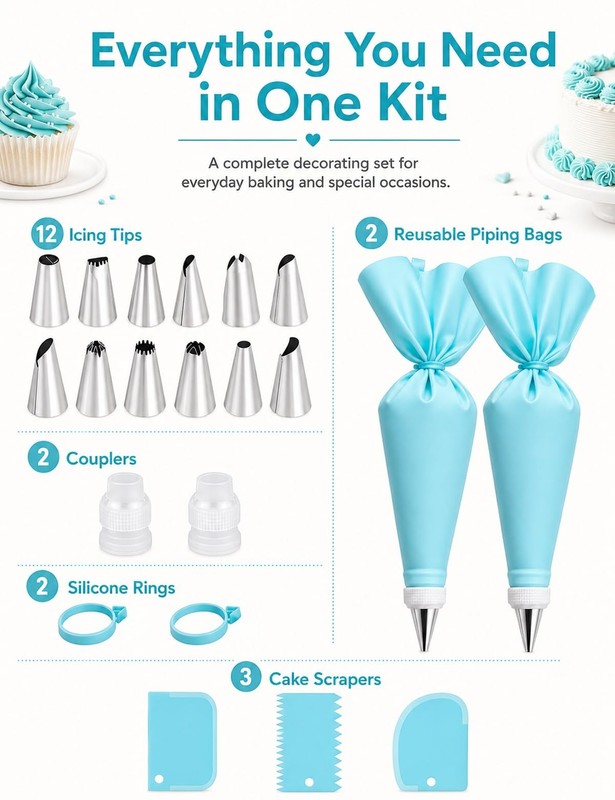Piping Bags and Tips Set, Reusable Cake Decorating Supplies with 2 Reusable Bags gallery
