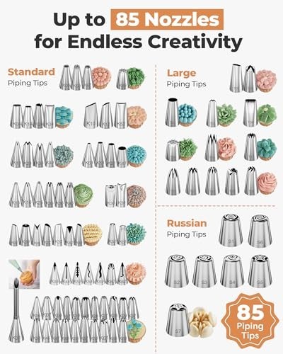 140Pcs Icing Piping Bags & Tips Set - 78 Numbered Tips, 7 Russian Tips, 42 Bags, gallery