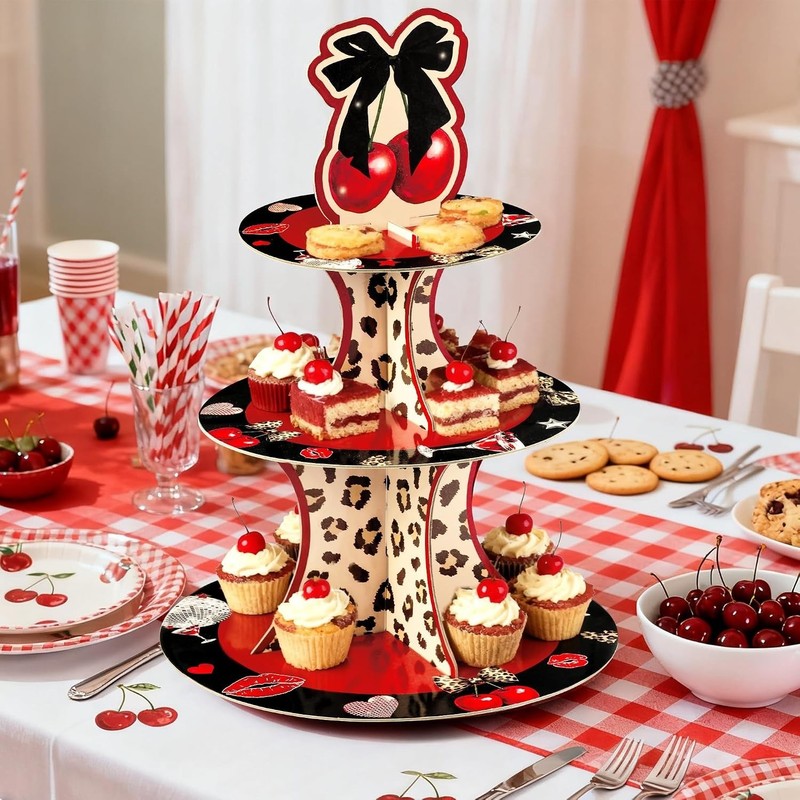 Cheetah Cherry Cupcake Stand - 3 Tier Red Cherry Bow Leopard Print Cupcake To... gallery