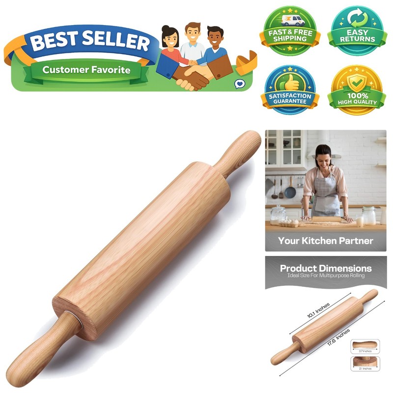 17.6-Inch Ergonomic Rolling Pin – Ideal for Pizza, Cookies, & More