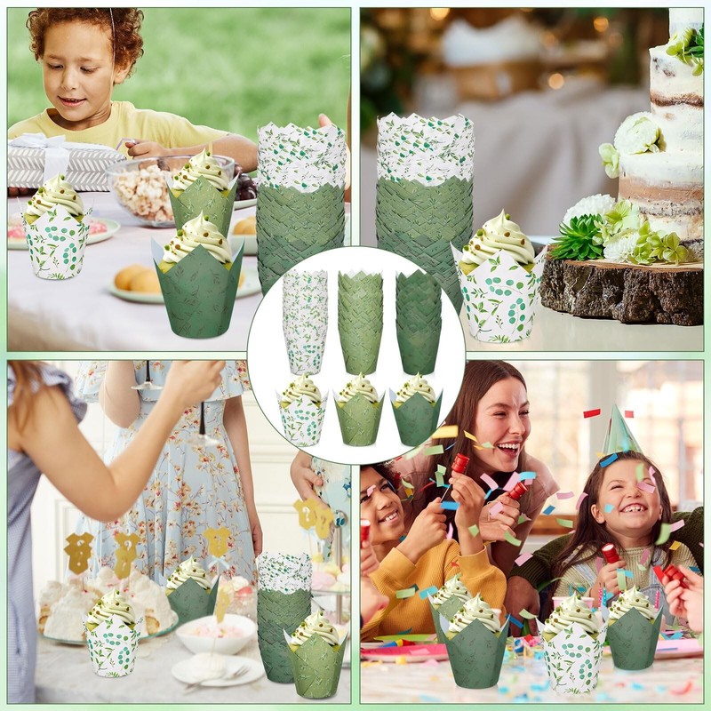 Whaline 180Pcs Greenery Tulip Cupcake Liners Eucalyptus Olive Leaf Muffin Bak... gallery