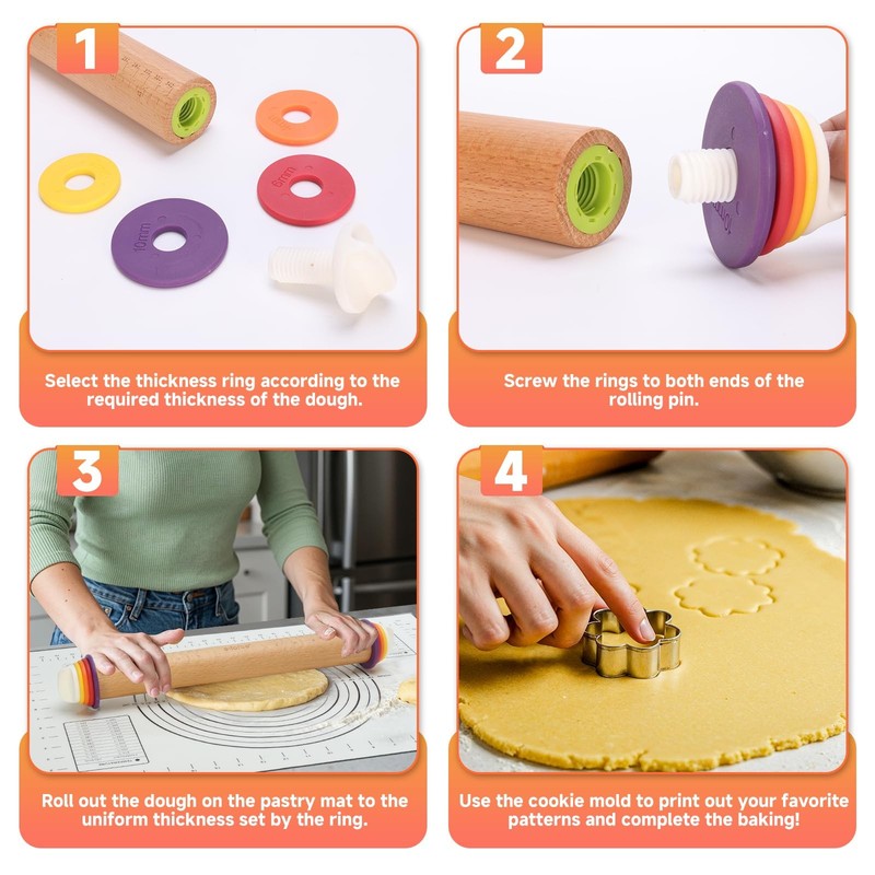Wooden Rolling Pin with Thickness Rings and Pastry Baking Mat, Pizza, Cookie,... gallery