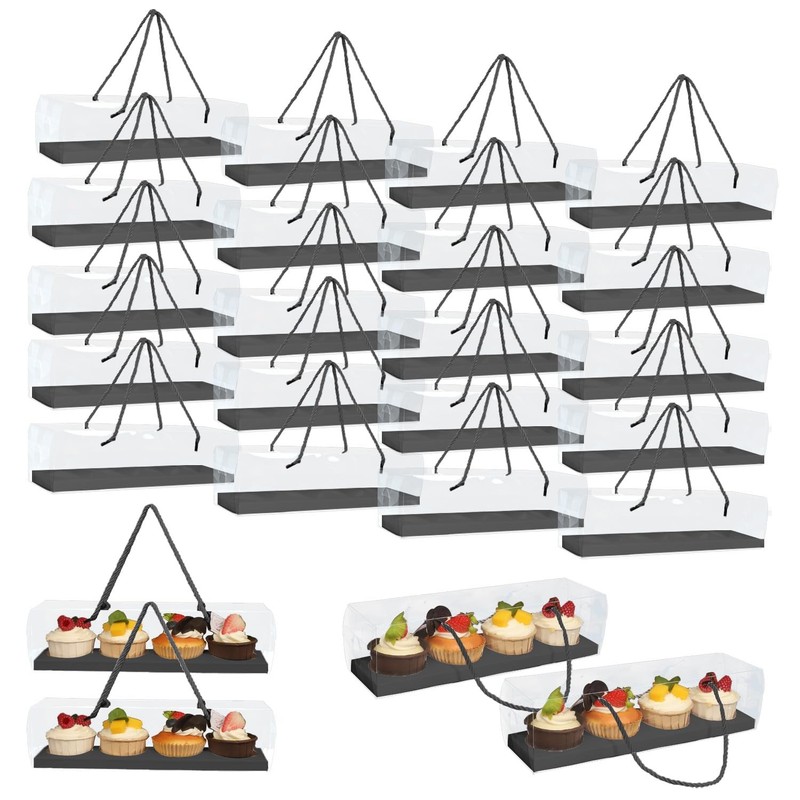 24 PCS Clear Cupcake Box Handle 4 Bakery Cake Container 12x3x3 Inch Black