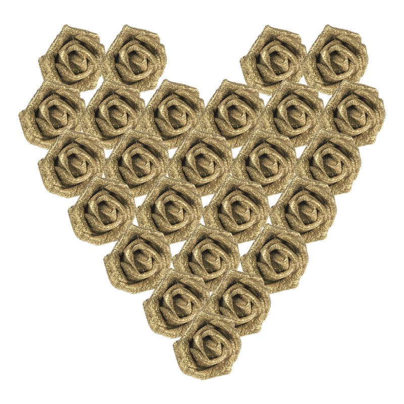 25Pcs Glitter Roses, Foam Artificial Flowers Roses Heads with Stem, Gold