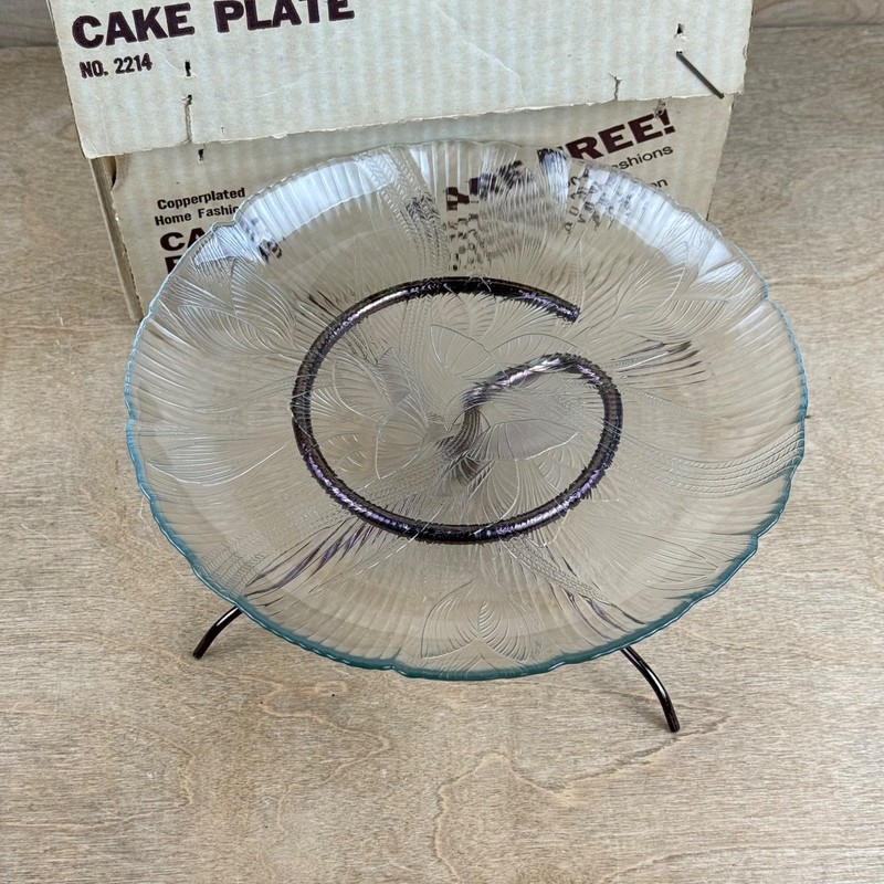 Arcoroc Canterbury CROCUS Cake Plate w Copper Plated Steel Stand Old Craft MCM gallery