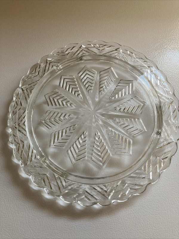 Vintage Snowflake Pattern Glass Cake Footed Plate W/Aluminum Cover Wooden Knob gallery