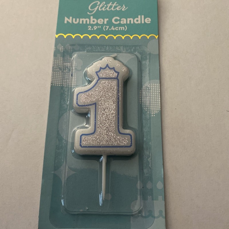 Birthday Party Cake Number Candle 1 Silver Glitter & Blue Border