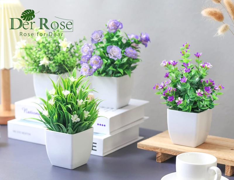 Der Rose 4 Pack Small Fake Plants with Flowers, Spring 7.18"H × 4.7"W, White gallery