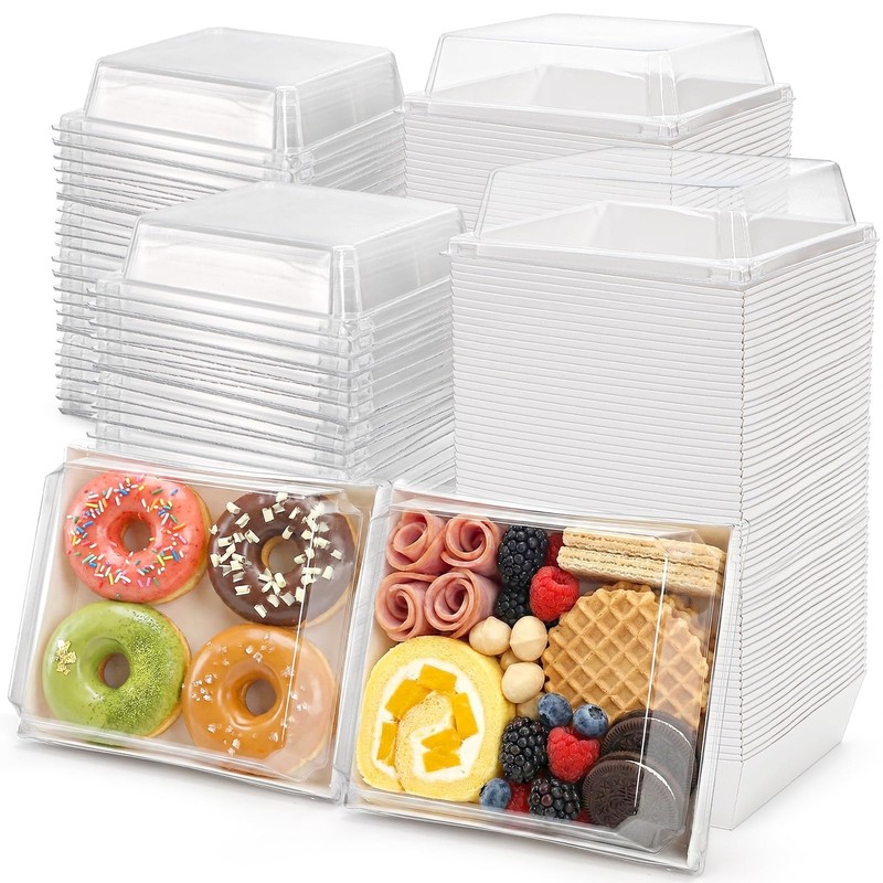 100 PCS White Paper Square Dessert Cake Sandwich Charcuterie Boxes Lid 5 Inch