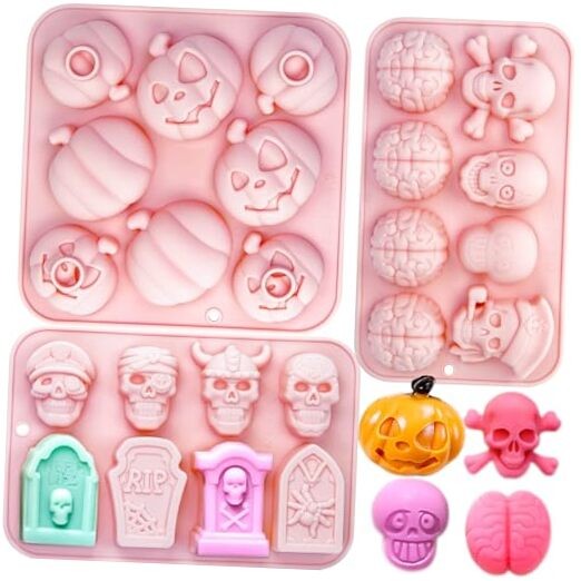 3 Pack Halloween Silicone Molds for Baking, Halloween Skull Baking Mold Brain