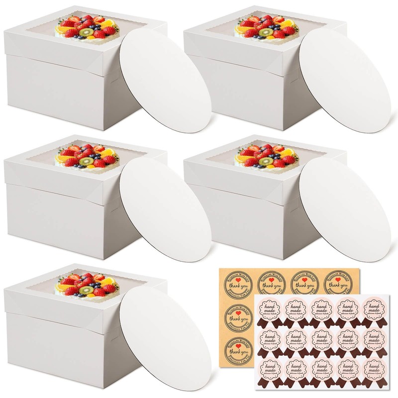 12 PCS White Square Bakery Cake Boxes with 5 Boards Window 12x12x8 Inch