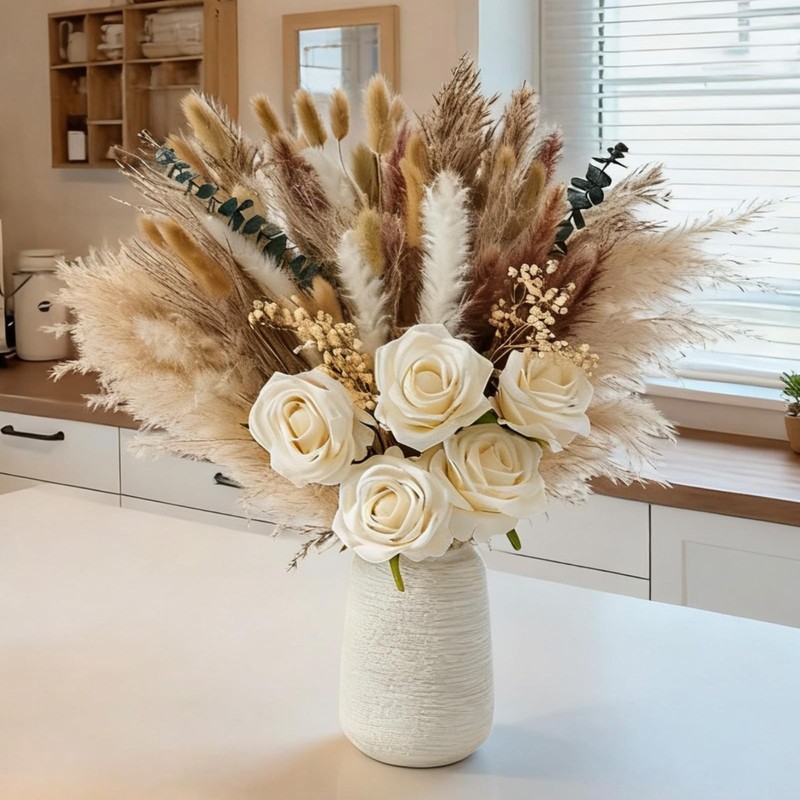 Suuyuu 100Pcs Dried Pampas Grass Vase Includes Artificial Silk Roses Boho