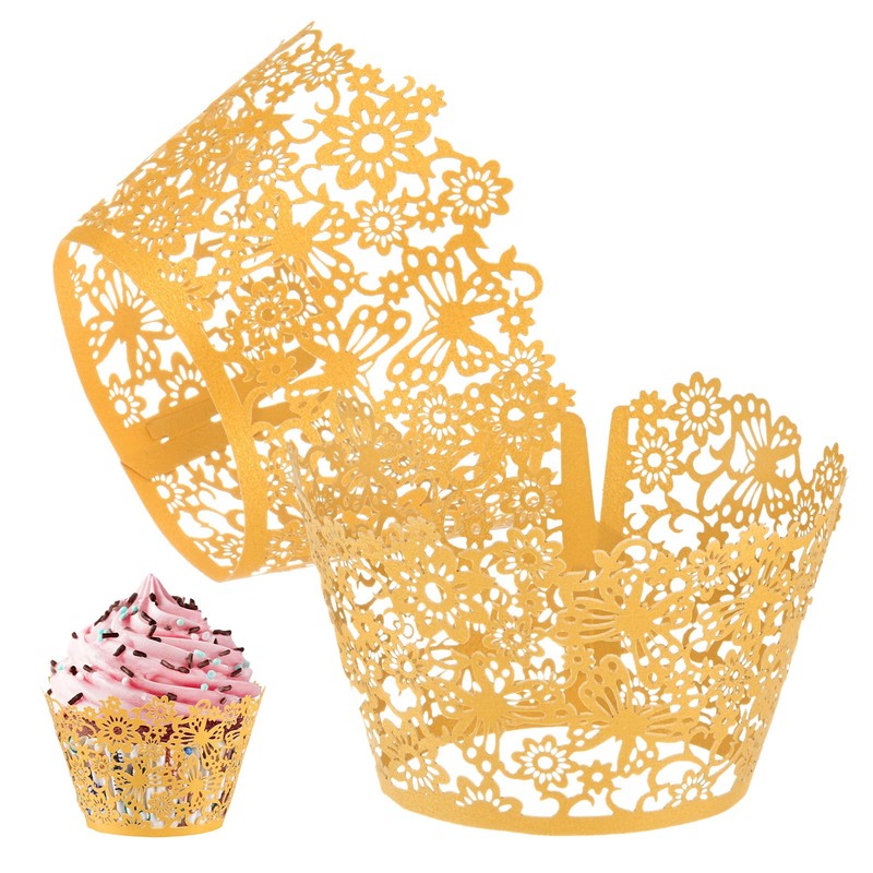 50-Pack Floral Cupcake Liners for Wedding Party Decoration[Gold Tone]