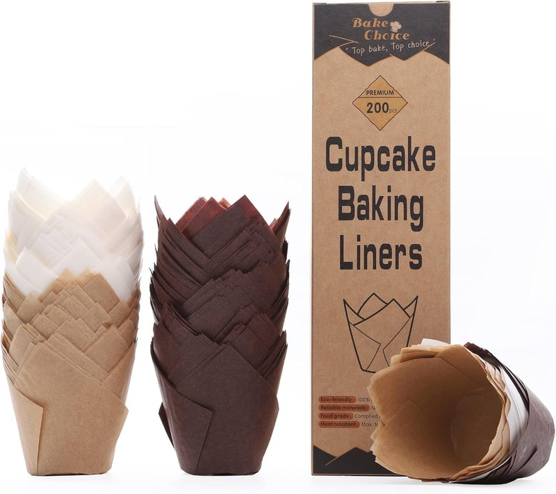 200ct Tulip Cupcake Liners, Parchment Paper Muffin Cups, Brown, White