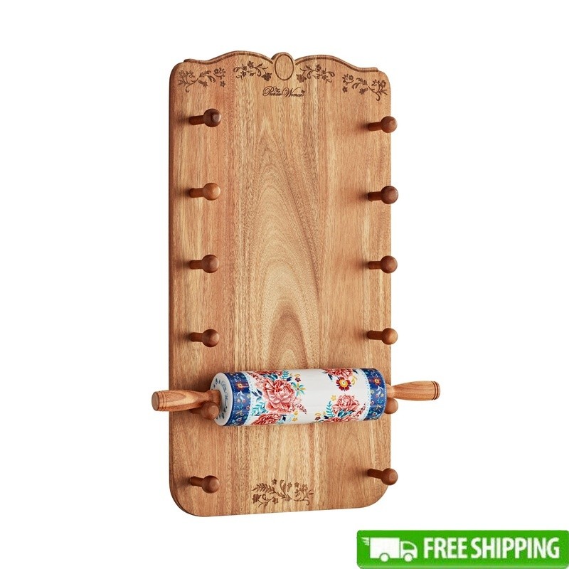 Floral 2-Piece Rolling Pin Set W/ Acacia Wood Rack Ceramic Dough Roller New
