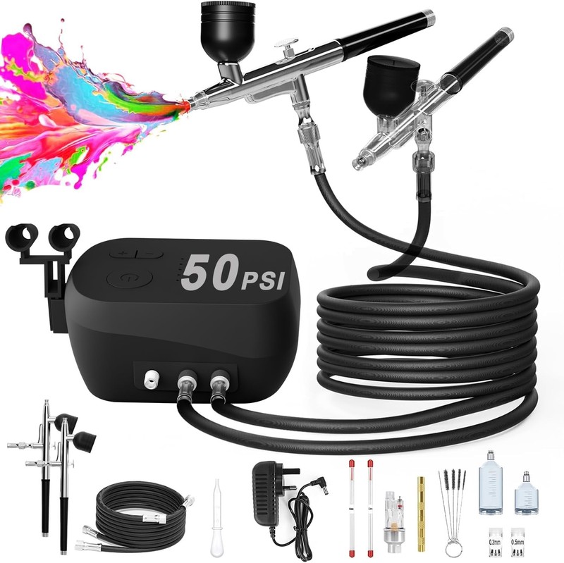 rhinowisdom Airbrush Kit, 50 PSI Air brush Gun & Compressor with Black